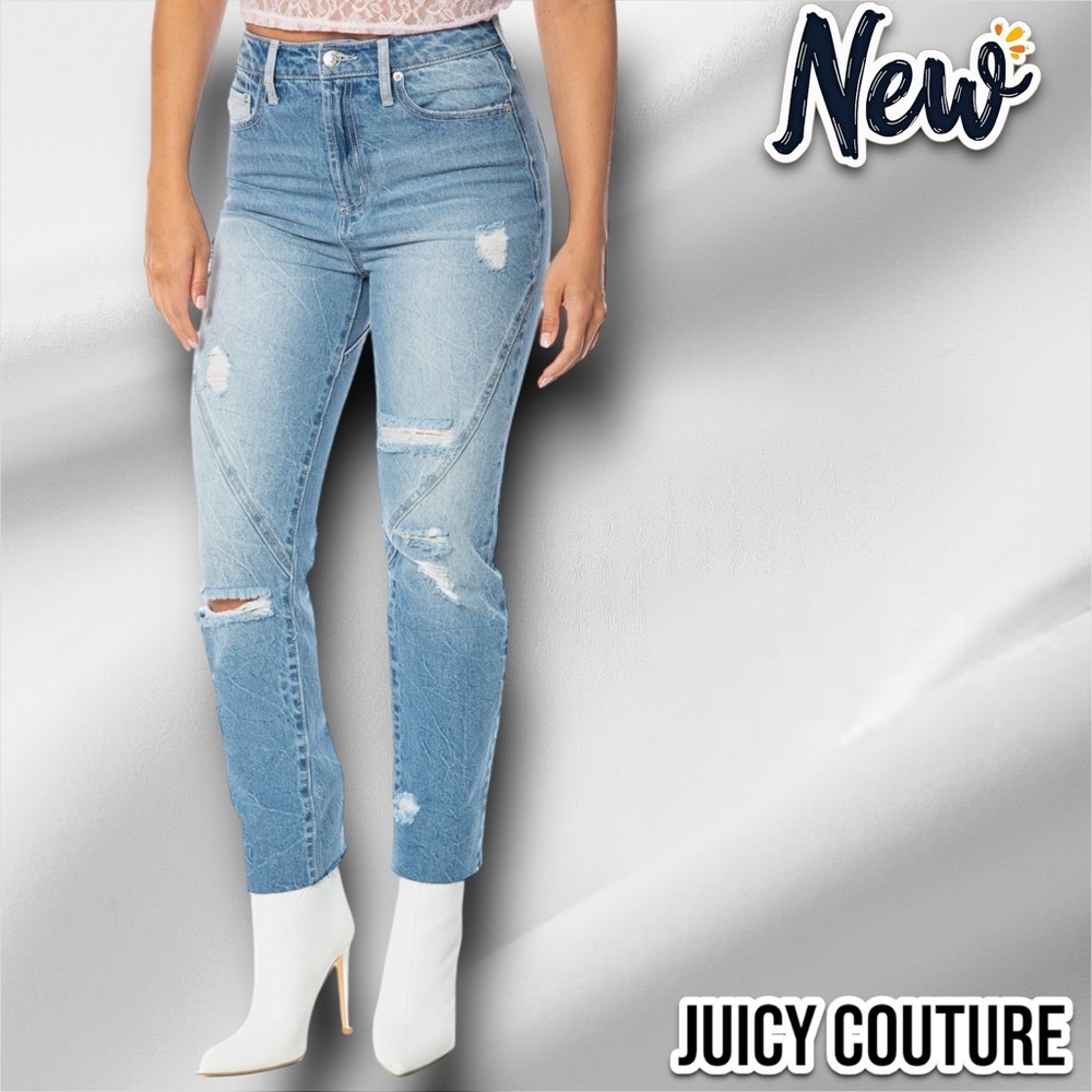 🔴New Juicy Couture Two Hearts Distressed Straight Leg Jeans Medium Wash